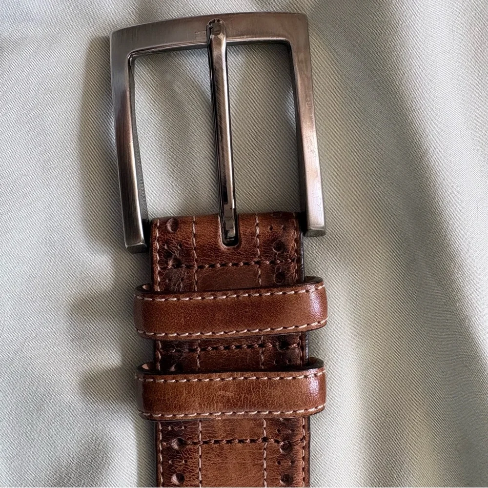 Mezlan Brown Leather Belt Brogue Perforated Patina Silver Buckle Spain